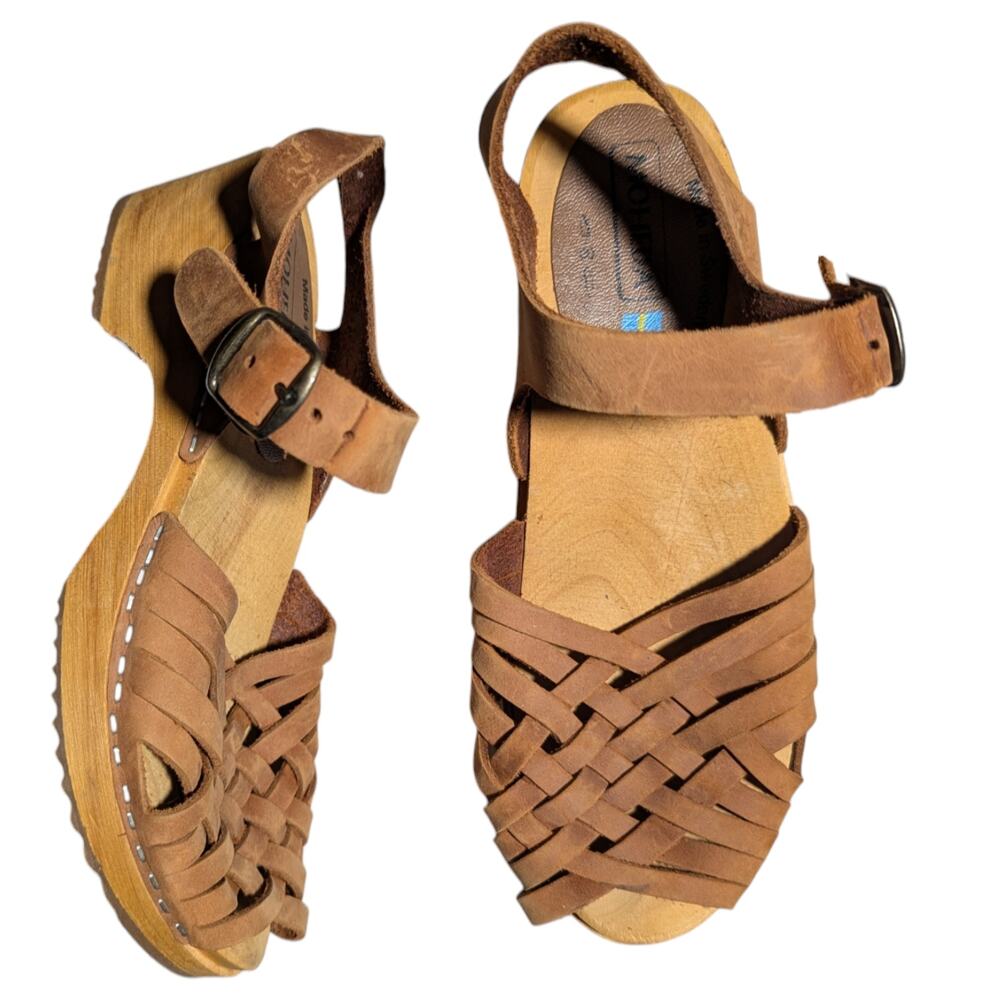 Moheda Ada Brown Braided Nubuck Leather Ankle Strap Clog Sandals EU 37 US 6.5